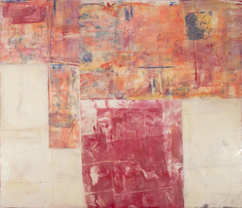 On The Heights, 2012.  Encaustic, kozo paper, oil on panel.  31 x 36 x 3 inches.