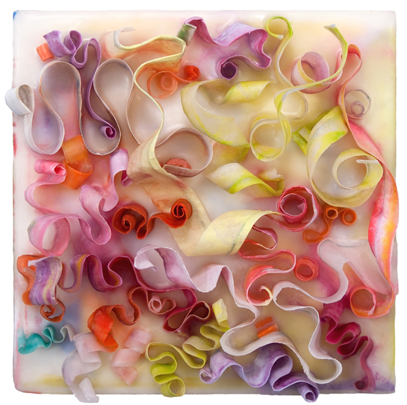 Deborah Winiarski, Twice Out Loud, 2012. Encaustic, kozo paper, wire on museum board mounted on wood. 12 1/2 x 12 1/2 in.