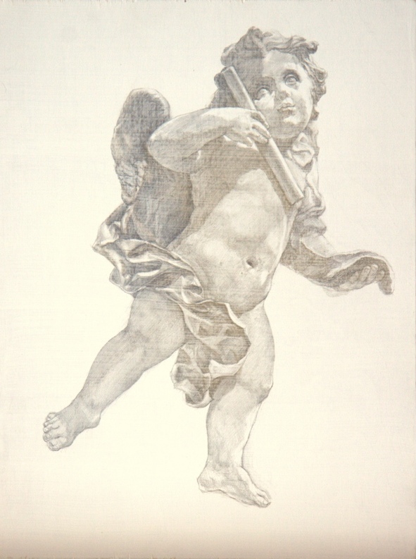 Sherry Camhy, Cherub–Music Muse. Silver and gold on wood, 15½ x 11½ in.