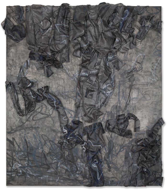 Deborah Winiarski exhibition Deborah Winiarski, Lines Written III, 2015. Graphite, fabric, oil, and encaustic on panel, 37 x 32 x 4 in.